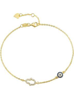 14K Gold Evil Eye Hamsa Hand Bracelet with Moissanite & Blue Eye Charm for Women